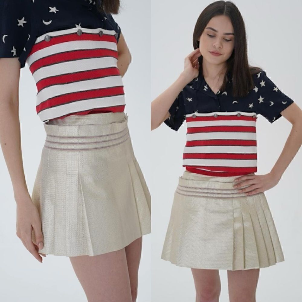 Chanel Mini Gold Cream Skirt Lame Pleated Size 2